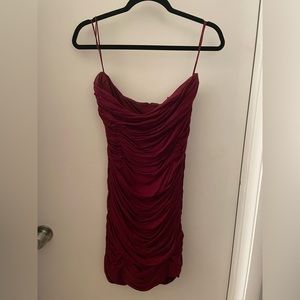 Armani Exchange burgundy strapless dress.